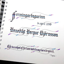 Load image into Gallery viewer, gestabók myndaalbúm handmálað tilefni ferming skírn brúðkaup skrautritun skrautskrift skrautskrifað skrautritað fallegt útskrift stúdent
