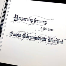 Load image into Gallery viewer, skrautritun calligraphy lettering gothic blackletter skrautskrift gestabók ferming skírn útskrift stúdent viðburðir tilefni borgaraleg