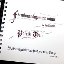 Load image into Gallery viewer, skrautritun calligraphy lettering gothic blackletter skrautskrift gestabók ferming skírn útskrift stúdent viðburðir tilefni