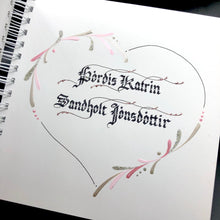 Load image into Gallery viewer, skrautritun calligraphy lettering gothic blackletter skrautskrift brúðkaup skírn marriage