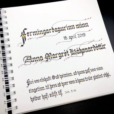 skrautritun calligraphy lettering gothic blackletter skrautskrift ferming fermingardagurinn fermingarvers ritningarvers 